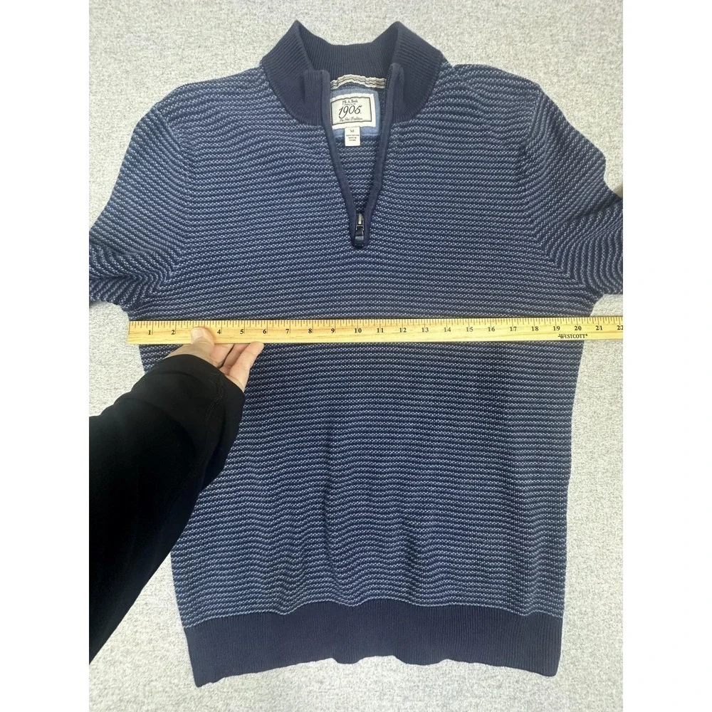 Jos A Bank 1905 Sweater‎ Mens M Blue Stripe Mock Neck Quarter Zip Elbow Patch